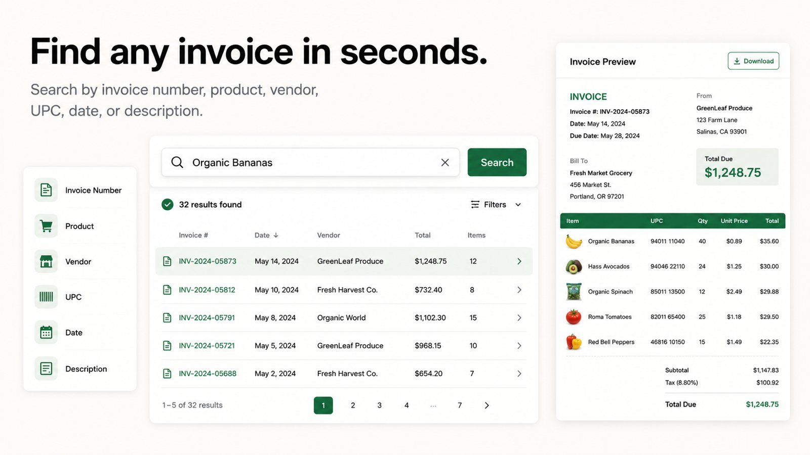 A scanned invoice in pricewise.ai: every line with pack, quantity, unit and case cost, current price, suggested price and margin