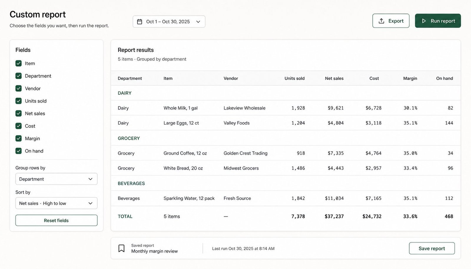 The pricewise.ai custom report builder: choose fields like item, department, vendor, units sold, cost, and margin, then run and export the report