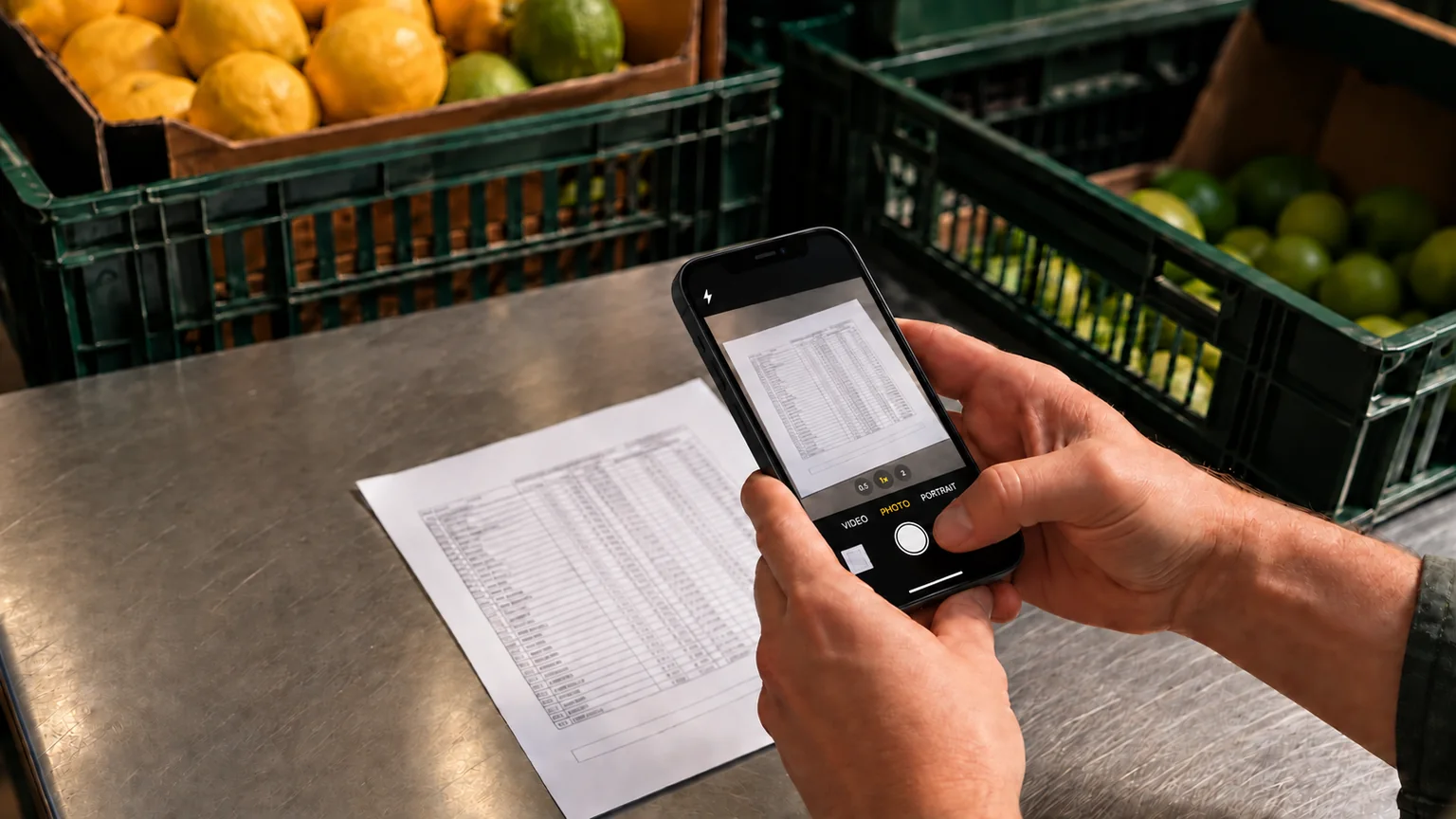 A phone photographing an invoice at a grocery receiving counter