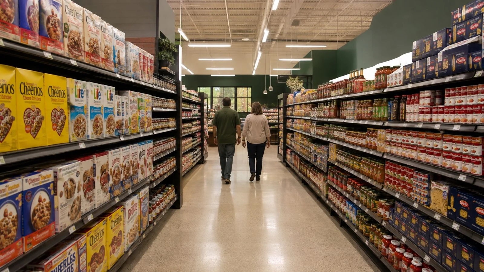 Shoppers walking through an independent grocery store